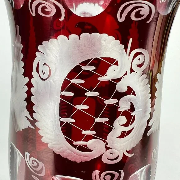 Vtg Egermann Vase Bohemian Ruby Red Cut To Clear Etched Glass Castle Bird Czech